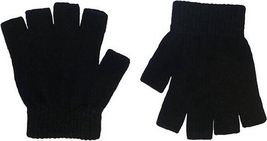 Twee zwarte vingerloze gebreide handschoenen, elk met een geribbelde polsband.