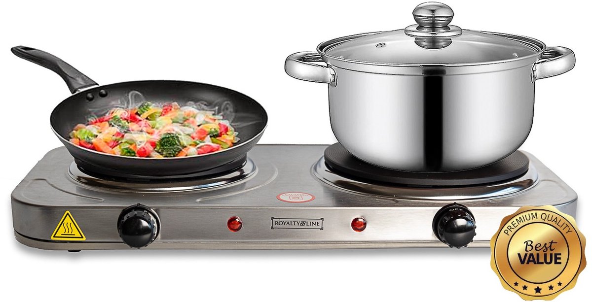 Royalty Line DKP-2500 Elektrische Kookplaat - 2 Pits - 1000W + 1500W - Ø155 + 185mm - Zilver