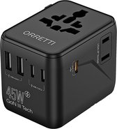 Orretti 45W Super Compacte Wereldstekker Universeel met 3 USB-C & 2 USB-A & 2 AC - Supercharging 2.0 - 7-in-1 Kleinste Reisadapter Reisstekker voor 200+ Landen: VS - Europa - VK - Australië - Zuid-Amerika - Afrika - Azië - Wereldstekkers - Zwart
