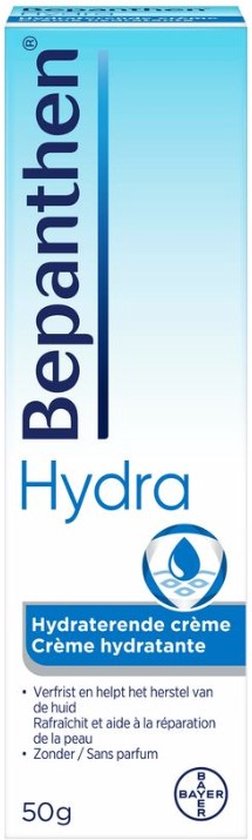 Bepanthen Hydra hydraterende crème, 50g. Verfrist en helpt het herstel van de huid. Zonder parfum.