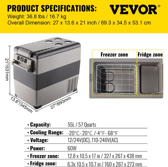 VEVOR Auto Koelkast Compressor, 220 V 45 W Auto Koelkast Mini, 55 L Mini Koelkast, Met Batterij Beschermingssysteem En 2 Stroomkabels, Veel Gebruikt Veel Plaatsen, Boot, Vrachtwagen, Auto Enzovoort van Vevor — afbeelding 3