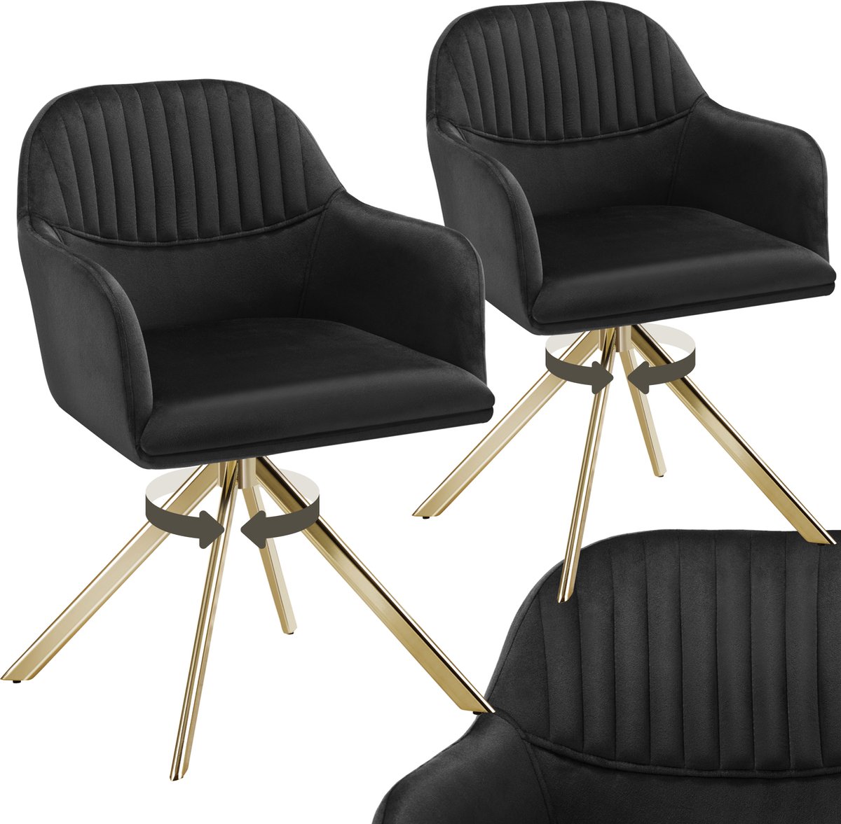 Tectake Fluwelen draaistoel - Bureaustoel - Eetkamerstoel met armleuningen - Fluwelen bureaustoel, keukenstoel, woonkamerstoel - 56 x 59 x 81 cm - Set van 2 - Zwart/goud