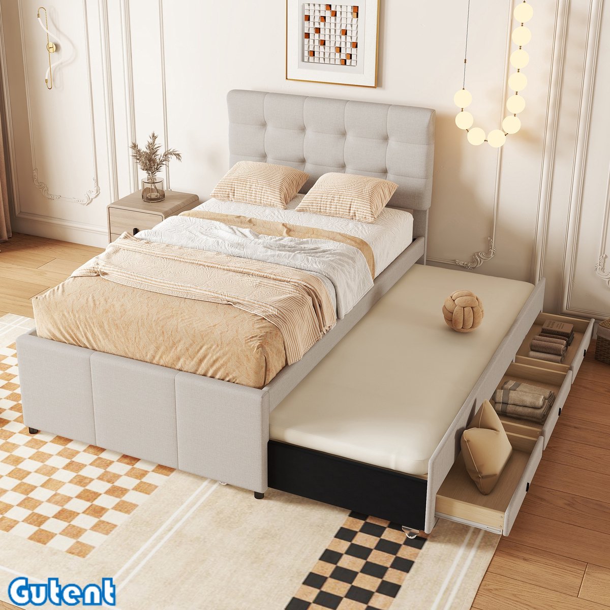 Gutent Eenpersoonsbed-90x200cm(90x190cm)-Drie laden-met Onderschuifbed-Geen matras-Beige
