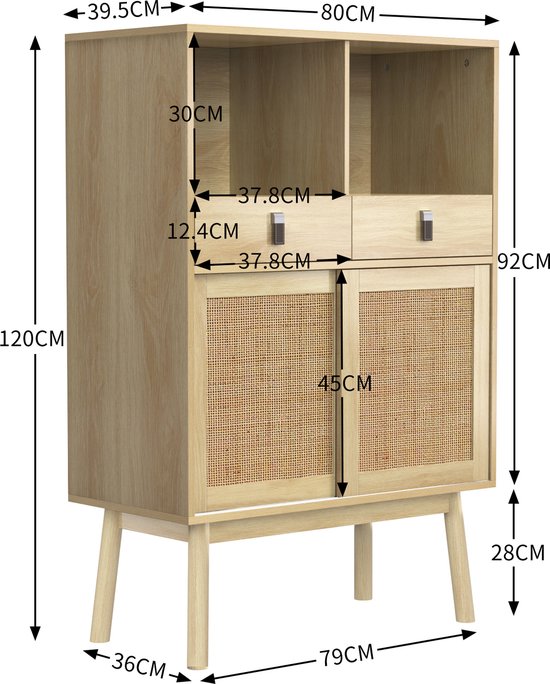 Dressoir met 3 echte rotan deuren, 2 lades, 2 open vakken, hout (155x38x80 cm
