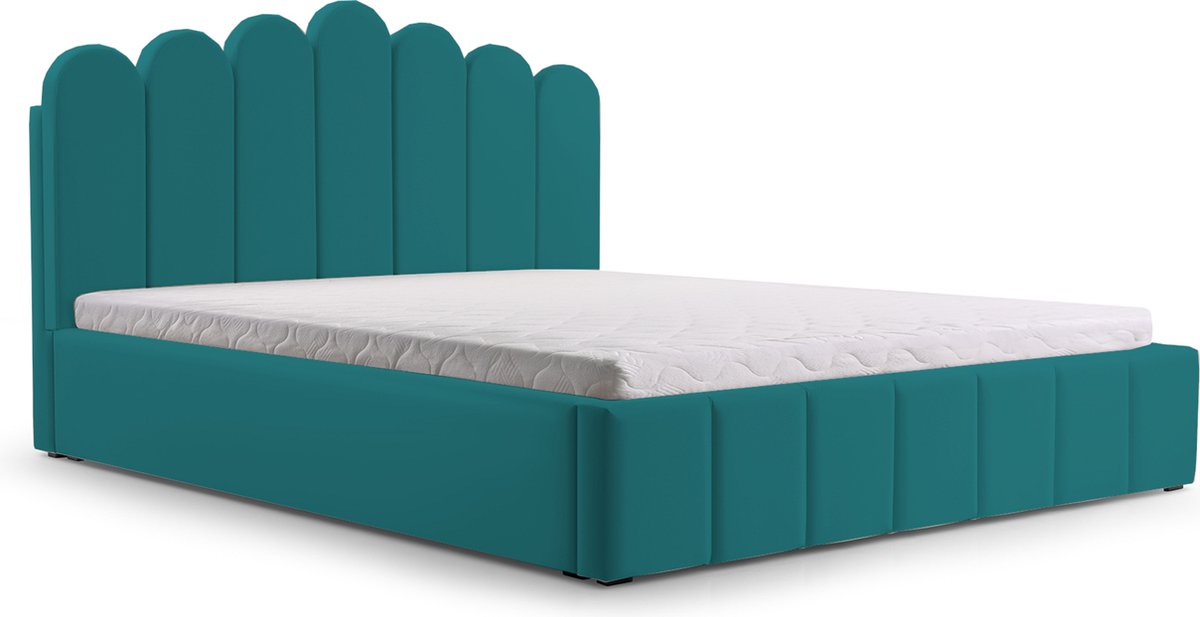 Tweepersoonsbed met fluwelen bekleding, met hoofdeinde, lattenbodem, bed voor volwassenen - BED 03 - 180x200 - Oceaanblauw (TRINITY 29)