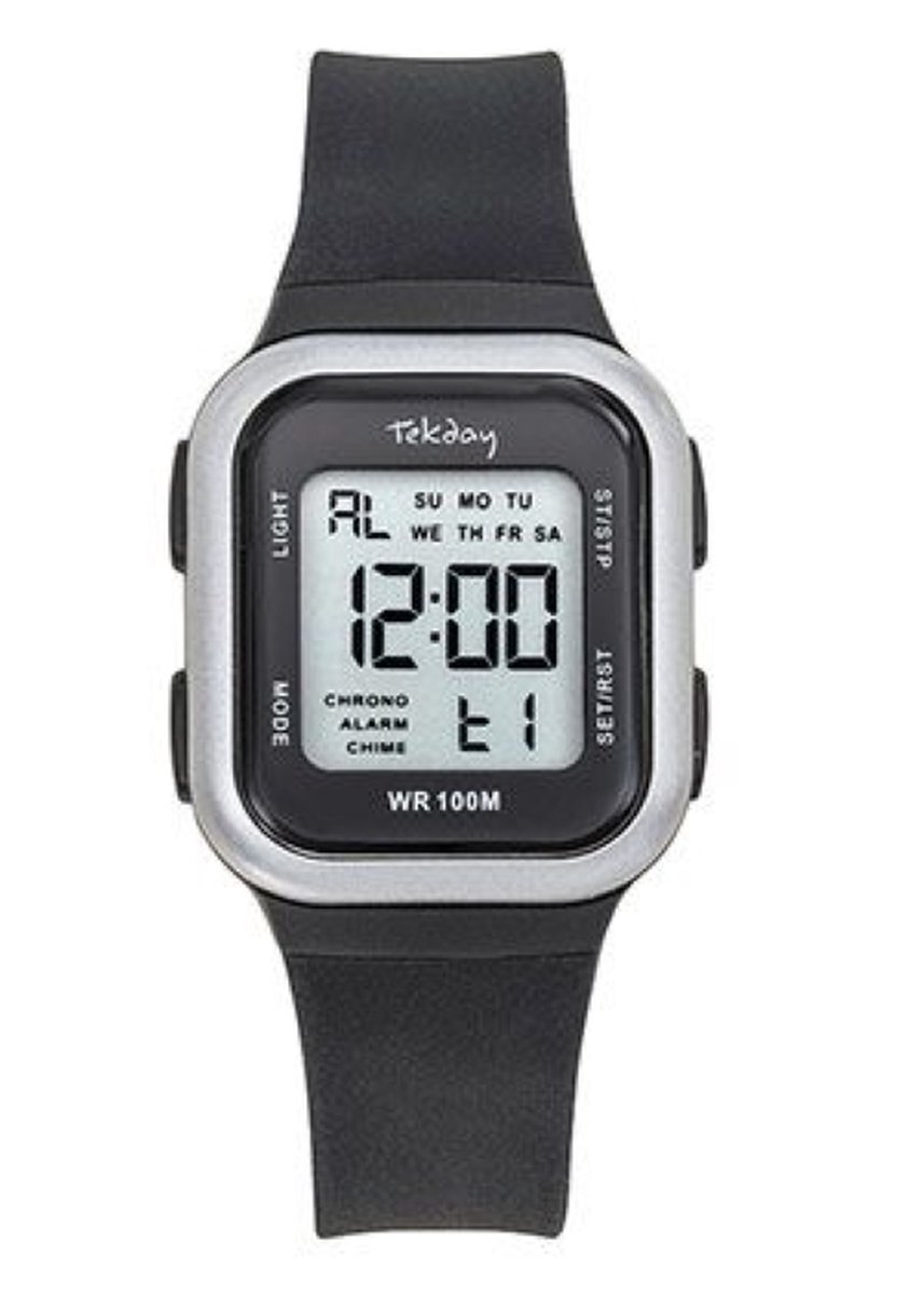 Tekday-Horloge-Digitaal-30MM-Rechthoekig-Stopwatch-Timer-Alarm-10ATM Waterdicht-Silicone band-Zwart-Zilverkleurig