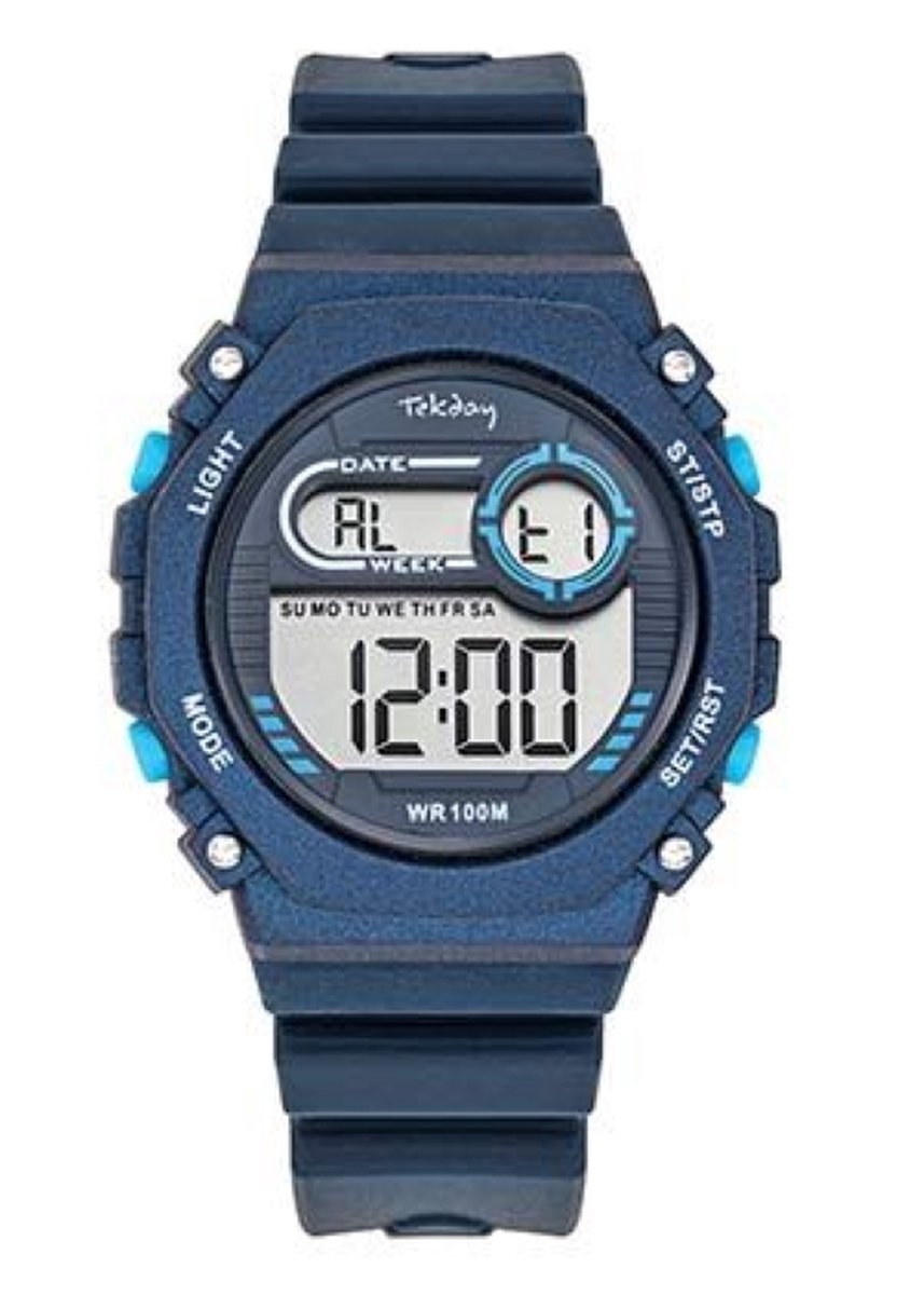 Tekday-Horloge-Digitaal-Tiener-38MM-Alarm-Timer-Stopwatch-10ATM waterdicht-Silicone band-Blauw