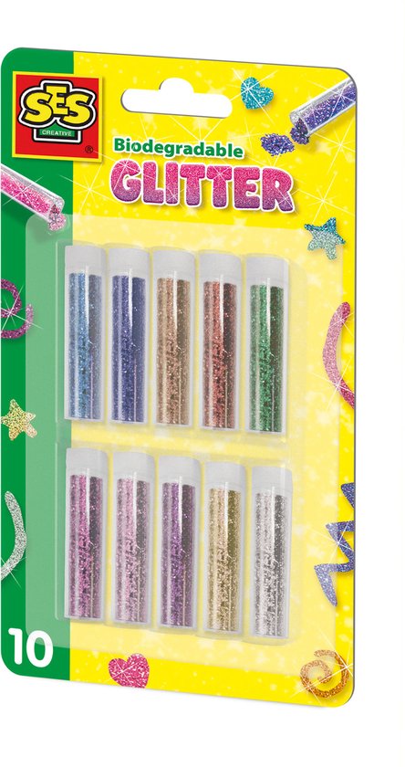 SES Creative - Biologisch afbreekbare glitters - 10 kleuren glitters - Glitters om te knutselen – glitterbuisjes - strooiglitter