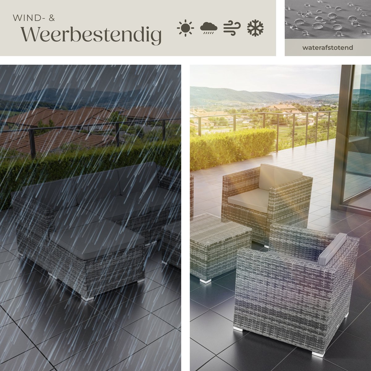 tectake® wicker Loungeset, buitenzitgroep, set met bank, 2 fauteuils, kruk, tafel, vrij combineerbaar, tuinmeubelen voor 5-6 personen, voor tuin, terras, balkon, inclusief kussens - grijs - poly-rattan thumbnail 2