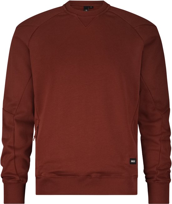 Rodbruine sweater met V-hals, gestructureerde schoudernaden en een zwart DASSY label.