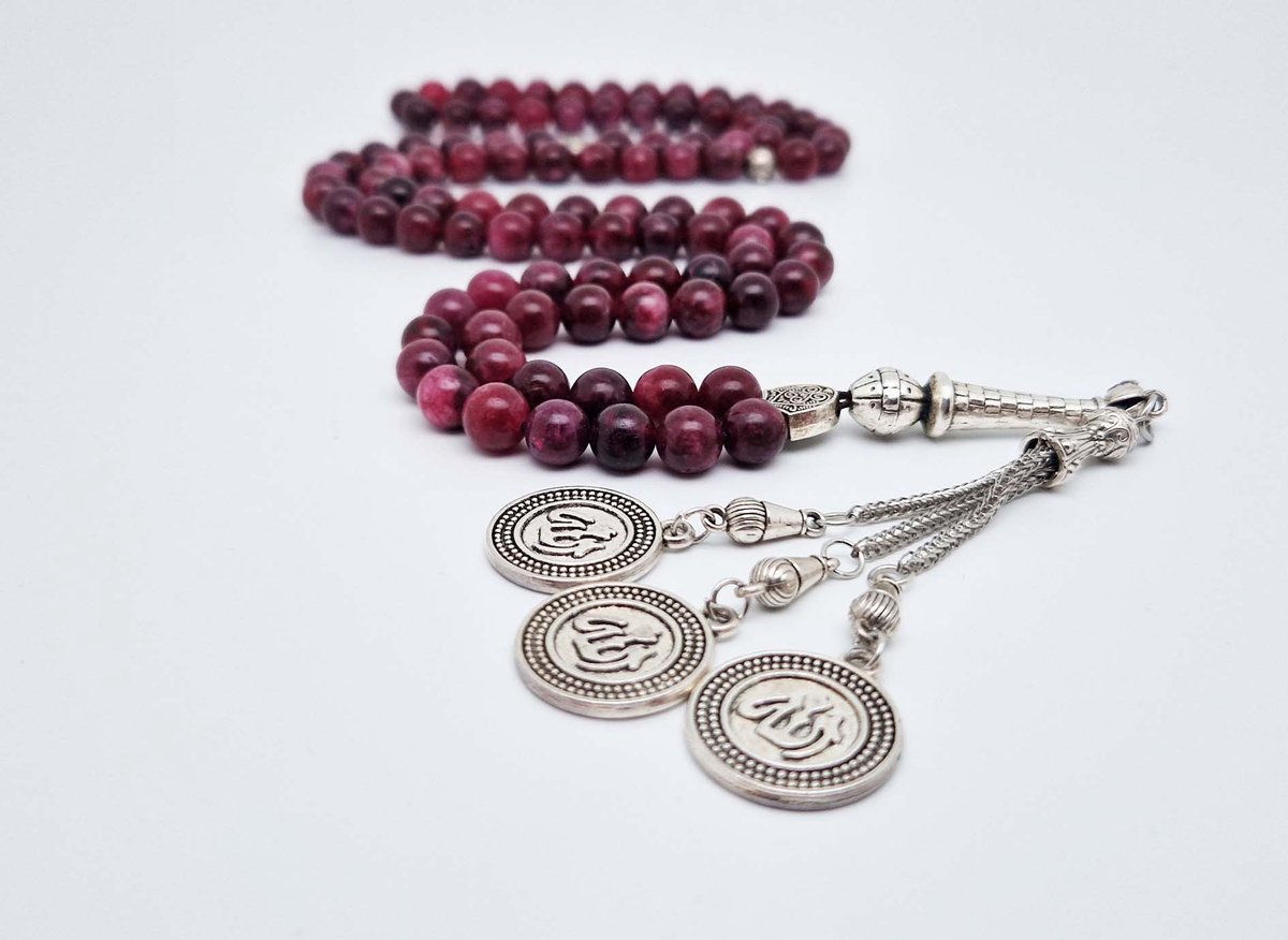 Handgemaakte tesbih "Tasbih" natuursteen "Lepidolite" - Aantal kralen 99 - Diameter kralen 8MM - met metaal tassel "Allah Alwahid" - Een mooi cadeau-idee