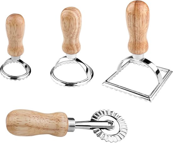 Ravioli, set van 4 stuks, ravioli uitsteekvormpjes, deegzakvorm, deegroller gegolfd, ravioli roller met houten handvat, ravioli-stempel met geribbelde rand, multifunctionele pastasnijder van Gwhole — afbeelding 5