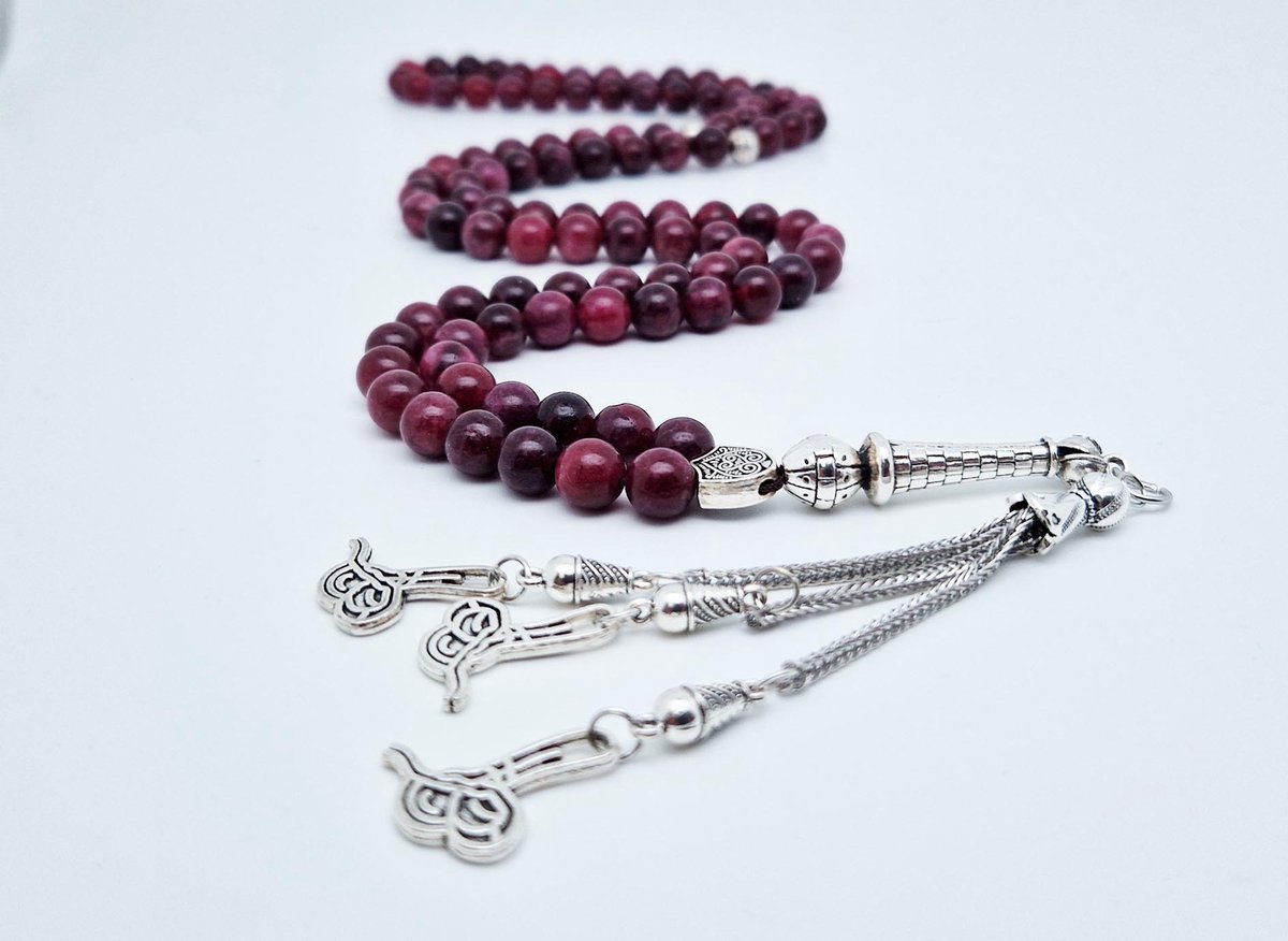 Handgemaakte tesbih "Tasbih" natuursteen "Lepidolite" - Aantal kralen 99 - Diameter kralen 8MM - met metaal tassel "Arabische kalligrafie" - Een mooi cadeau-idee