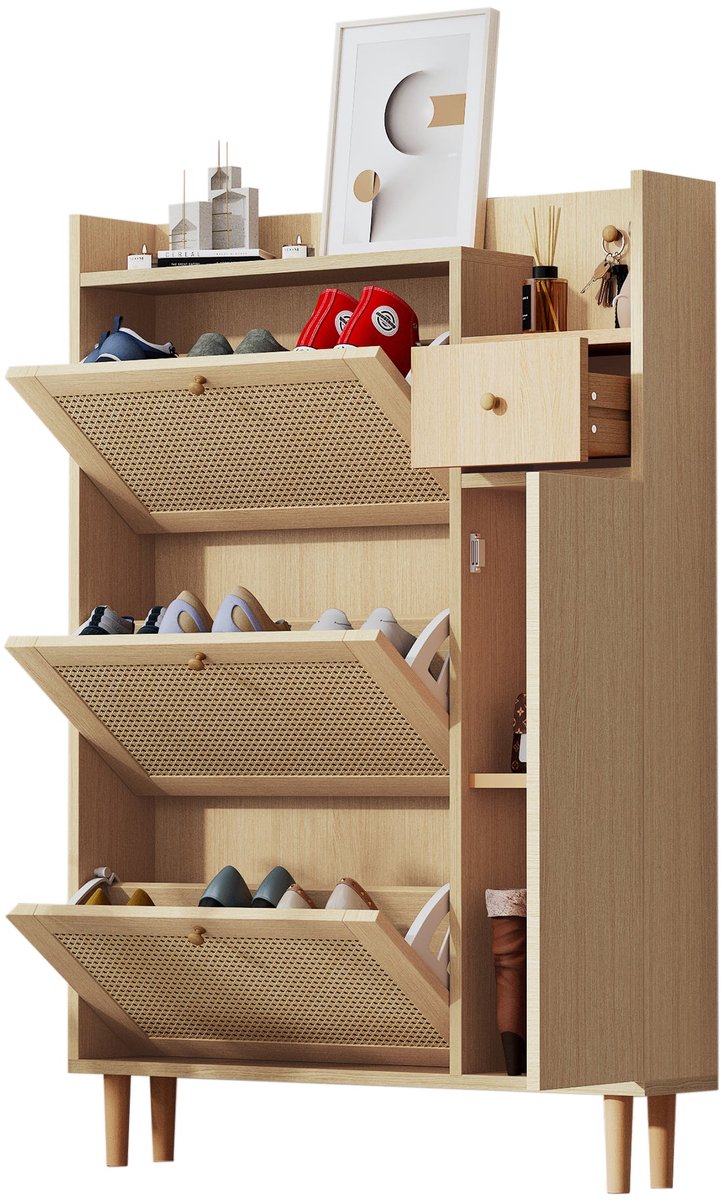 Merax Schoenenkast Hout – 3 Klapdeuren en Lade – 90x125x17 cm – Rattan Bruin