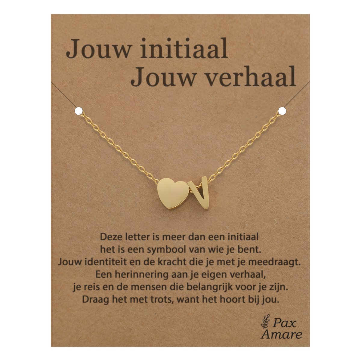Letter V ketting op Cadeau Kaartje - Jouw initiaal, jouw verhaal - 45cm Goudkleurig Stainless Steel - Initiaal & Hartje Hanger - Pax Amare