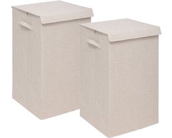 5Five Eureka sorteer wasmand - 2x - 74 liter - beige - 37 x 37 x 60 cm - MDF/Polyester stof - met afsluitklep