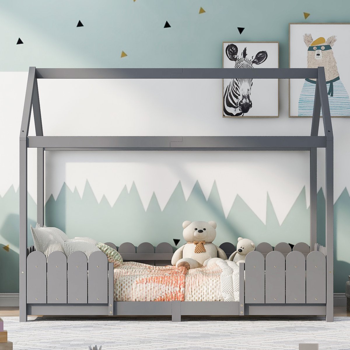 Huisbed 90x200 cm - veelzijdig houten kinderbed voor jongens & meisjes - Met uitvalscherm en lattenbodem – Grijs (zonder matras)