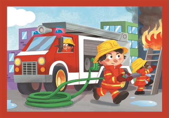 Een brandweerwagen met rode cabine en witte achterkant, met brandweermannen die een brand blussen op een ladder.