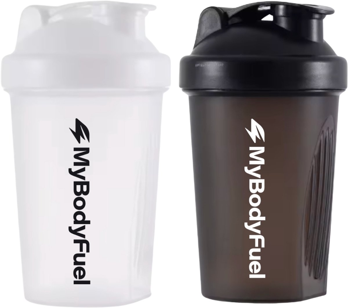 MyBodyFuel - Shakebeker - 400 ml - met mixfilter - Zwart en Wit - Set van 2 - Proteïne Shaker - BPA-vrij