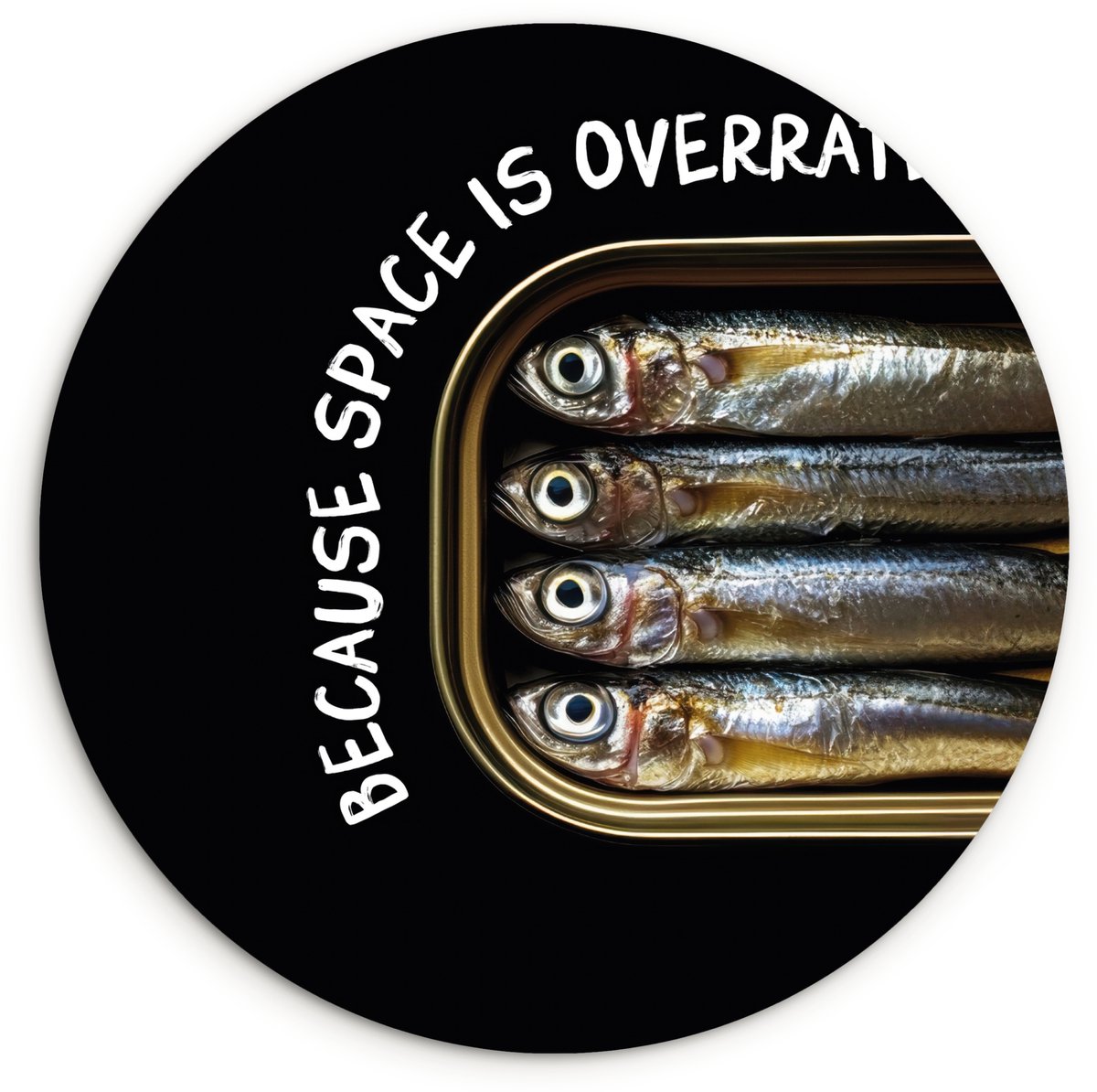 WallCircle Wandcirkel 90x90 cm - Muurcirkel Sardines - Tekst - Vis - Blik - Muurdecoratie woonkamer - Wanddecoratie slaapkamer - Kamer decoratie accessoires - Ronde schilderijen Krab - Tekst