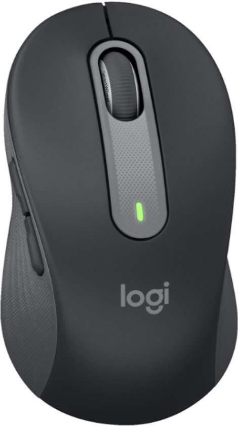 Zwarte Logitech muis met scrollwiel en groen lampje, op witte achtergrond.