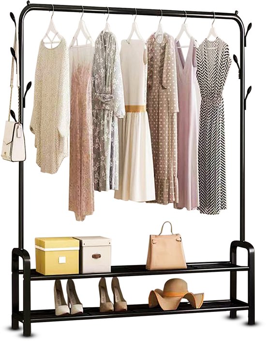 Vonia Kledingrek 152 x 34 x 102 cm - Kledingrek met Schoenenrek - Kledingrek Metaal - Garderoberek - Zwart