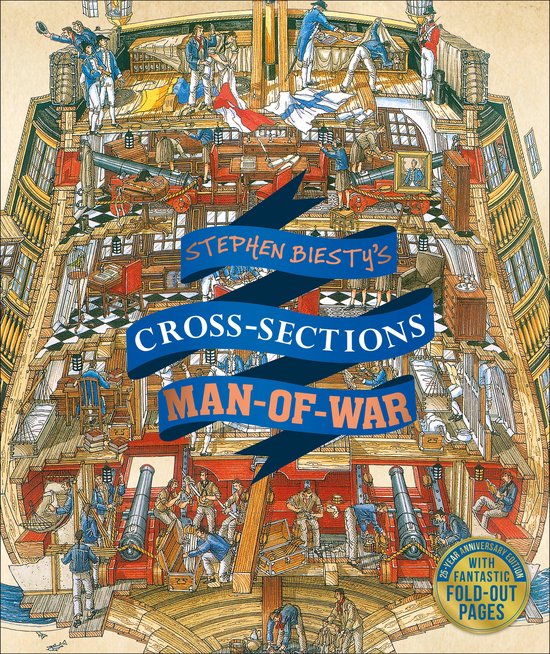 Couverture de livre avec coupe transversale détaillée d'un navire de guerre, "STEPHEN BIESTY'S CROSS-SECTIONS MAN-OF-WAR".