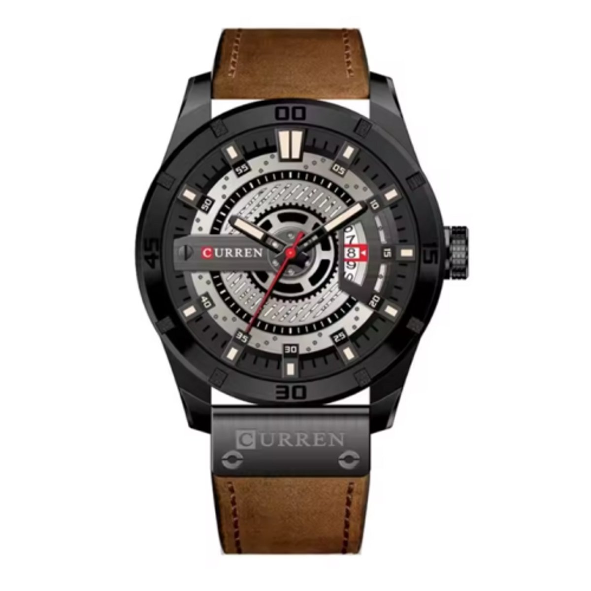 Curren 8301 - Herenhorloge - Quartz - Zilveren Wijzerplaat - Zwarte Kast - Bruine Leren Band - 44mm