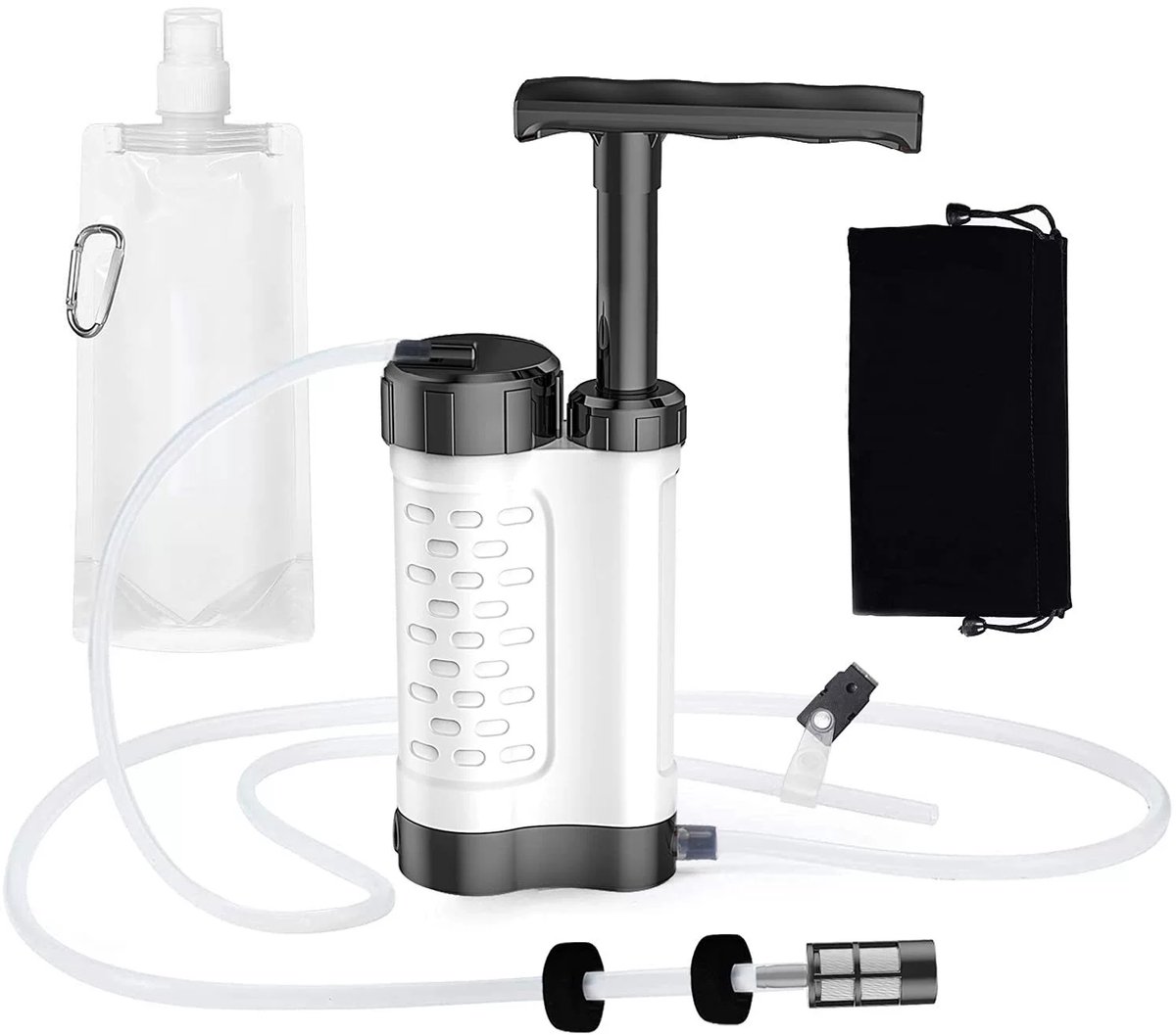 Waterfilterpomp - Waterzuiveringspomp - Waterfiltersysteem - Waterfilter - Overlevingsuitrusting - Noodpakket - 0,01 micron 5-traps waterfilter - Survival Kit - voor buiten - kamperen, wandelen, backpacken (wit)