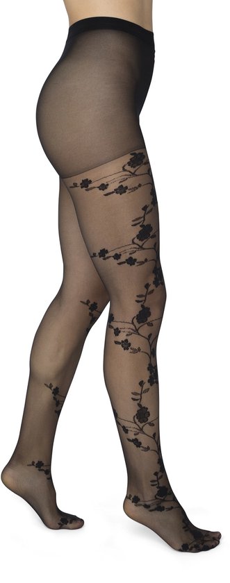 Bonnie Doon Collant Fleurs Femme 20 Deniers Zwart Taille L/XL - Collant Chique - Motif Floral - Bord Large - Comfort - Imprimé Floral - Bloem - Collant Bloom - Festif - Noir - BP201908.1