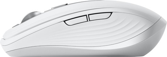 Onderkant van de witte Logitech MX Anywhere 3S muis met informatie over het product.