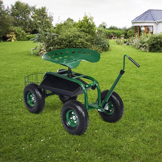 COSTWAY Rolzitje met wieltjes, tuinwagen met uittrekbare handgreep en mand, 360 graden draaibaar, in hoogte verstelbaar, tot 150 kg, verrijdbare tuinstoel, tuinrolstoel voor tuinieren, groen, van Costway — afbeelding 5