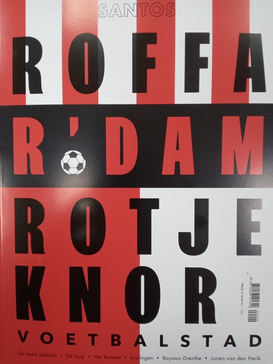 Santos magazine "ROFFA RODAM ROTJE KNOR VOETBALSTAD" met rode en witte strepen en zwarte letters.
