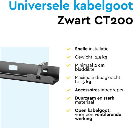 Zwarte universele kabelgoot CT200 met tekst over snelle installatie, draagkracht tot 5 kg en duurzaam materiaal.
