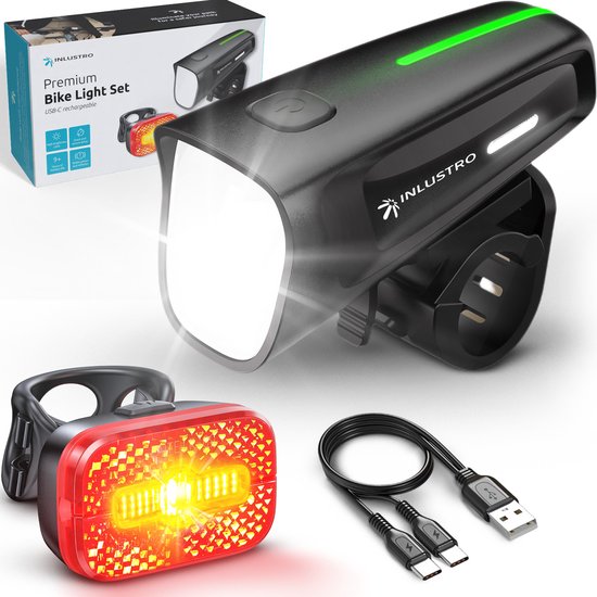 Inlustro Oplaadbaar LED Fietsverlichting Set - Met Verblindingsreductie en Remsensor - Racefiets / Wielrennen / MTB Fietslicht - Fietslamp Rood en Koplamp Wit - Voorlicht Achterlicht Fietslampjes - Waterdicht / USB-C