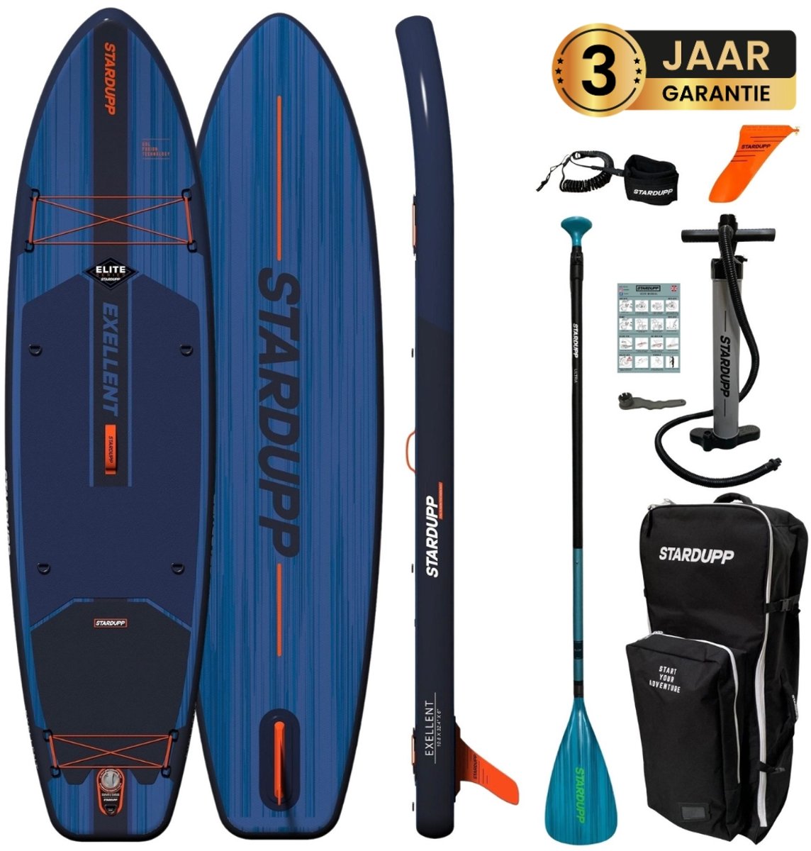 Stardupp Exellent Elite SUP Board – Opblaasbaar – Touring Model – 325x82cm – Max. 150KG – Complete Set – Inclusief Pomp, Peddel & Rugzak - Blauw/Oranje