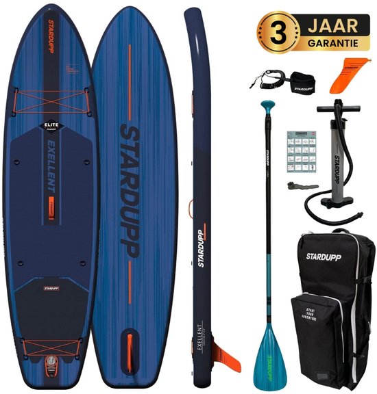 Stardupp Exellent Elite SUP Board – Opblaasbaar – Touring Model – 325x82cm – Max. 150KG – Complete Set – Inclusief Pomp, Peddel & Rugzak - Blauw/Oranje
