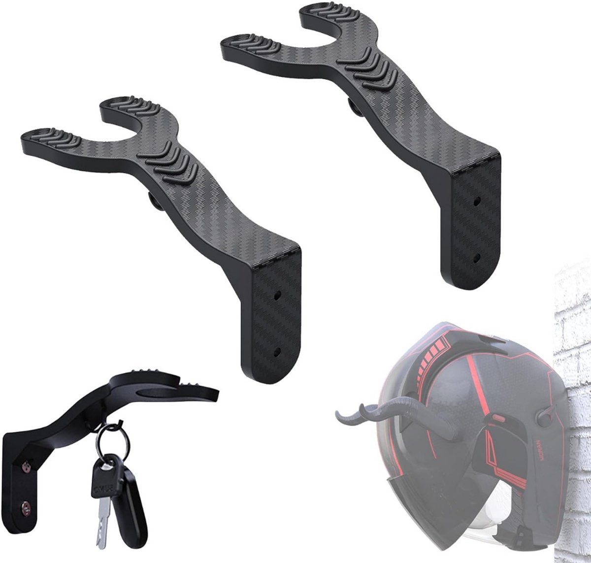 Helmhouder - Helm Houder - Helm Kapstok – 2 Pack - Helm Standaard - Motorhelm Steun – Wandsteun Ophangsysteem - Met Haakje voor Jas Of Sleutel