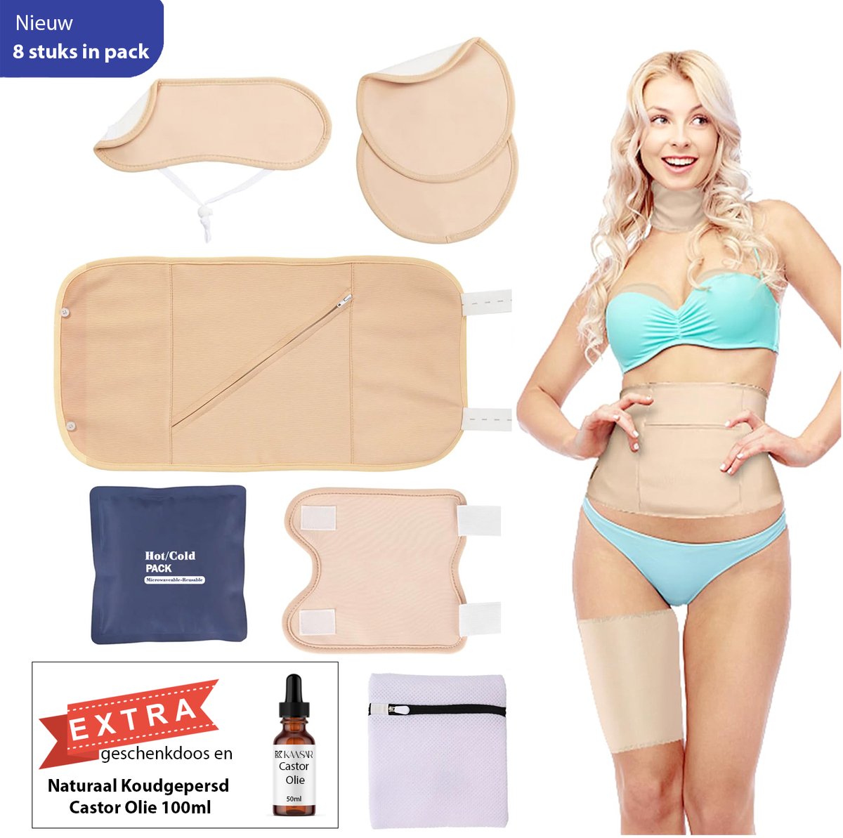 Goedkoopste Kawsar - 100 biologisch Katoen Castor Oil pack set voor Buik, Nek, Borsten, Benen en Armen - 8-delig | Castor olie wrap pack set incl. met Extra Castor olie 50ml