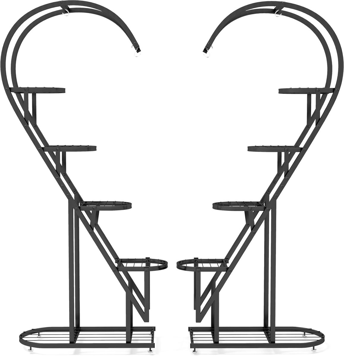 COSTWAY 5-traps metalen plantenstandaard, hartvormig, bloemenrek met haken, ladder, plantenrek, kantelbescherming, plantenladder, bloemenstandaard, voor tuin, balkon, woonkamer (zwart)