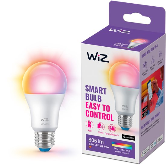 WiZ Lamp Slimme LED Verlichting E27 Lichtbron - Gekleurd en Wit Licht - 60W - Mat - WiFi