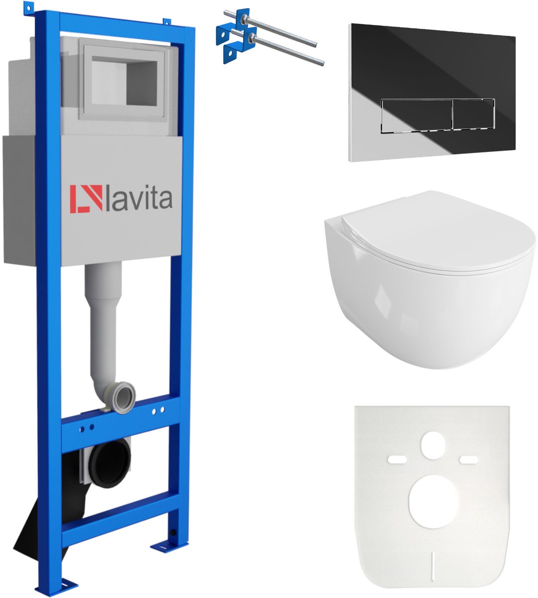 LAVITA® Inbouwreservoir Complete Toiletset LAV 101 - Inbouw WC Hangtoilet Wandcloset MONDO Wit Hoogglans - Bedieningsplaat 200.3.2 Chroom - Voorwandelement voor toilet 40cm - Installatiesysteem