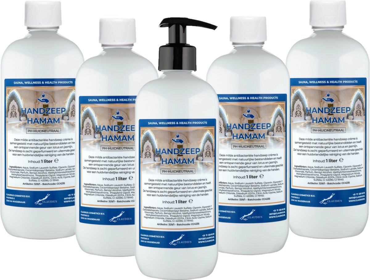 Handzeep Hamam 1 liter - met gratis pomp - set van 5 stuks - Voordeelverpakking