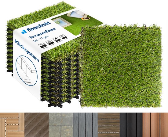 Floordirekt Gazon-kliktegels, 30 x 30 cm, 1 stuk = 0,18 m² terrastegels, balkontegels - vloerbedekking voor balkon en terras - weerbestendig, met drainagefunctie | gras