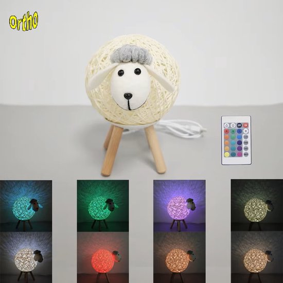 Ortho® - Nachtlamp Schaap Klein - Tafellamp - Nachtlampje - Afstandsbediening - RGB Kleuren - Dimbaar - Kinderkamer - Handgeweven - Klein RGB van Ortho — afbeelding 2