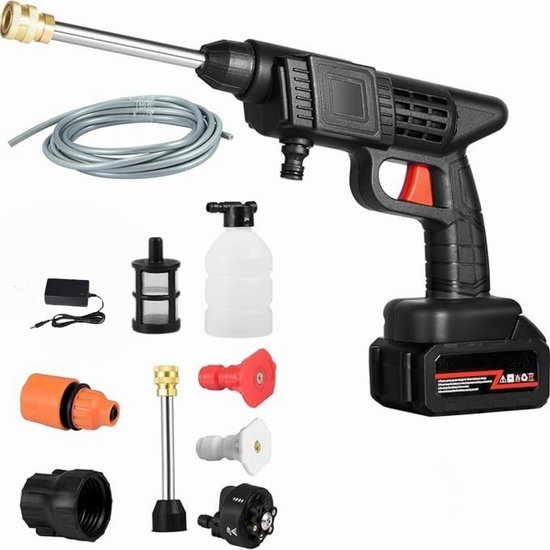 Accu hogedrukreiniger draadloos draagbaar 18,5V 5m slang 2 sproeikoppen schuimtank voor auto tuin camping