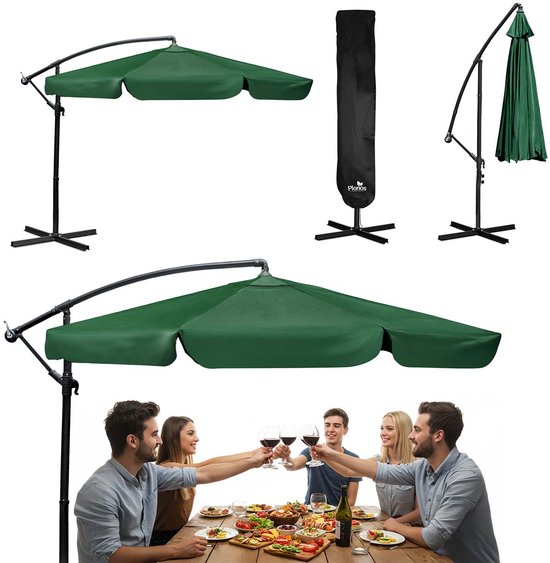 Collage: een groene parasol, een parasol met hoes, een opgevouwen parasol en vijf mensen die toasten.