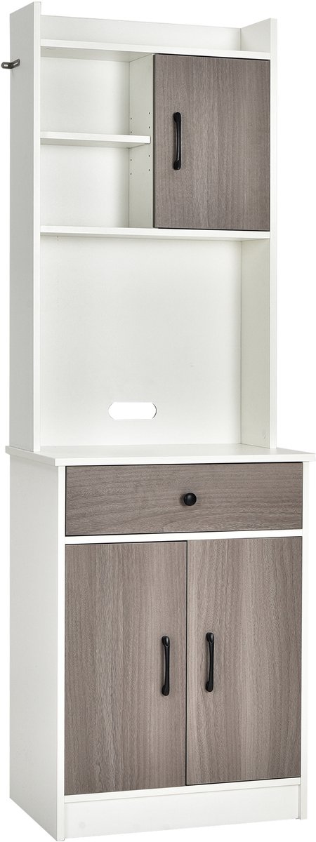 COSTWAY Keukenkast, buffetkast met lade, verstelbare planken en kabelgat, hoge kast keukenhout, grote open ruimte voor magnetron, vrijstaand, 60 x 40 x 180cm — afbeelding 1