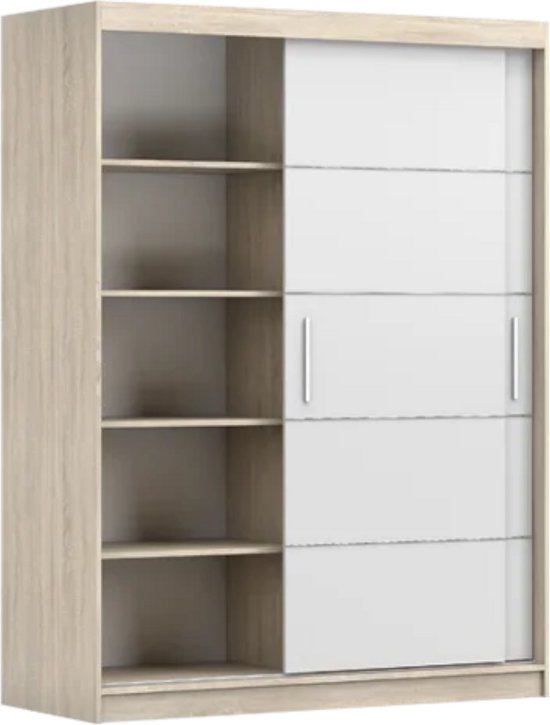 Schuifdeurkast LARA 06 – 2-deurs kledingkast, legplanken en kledingroede – modern design – 150x200x61 cm - LARA 06 (Sonoma + Wit)