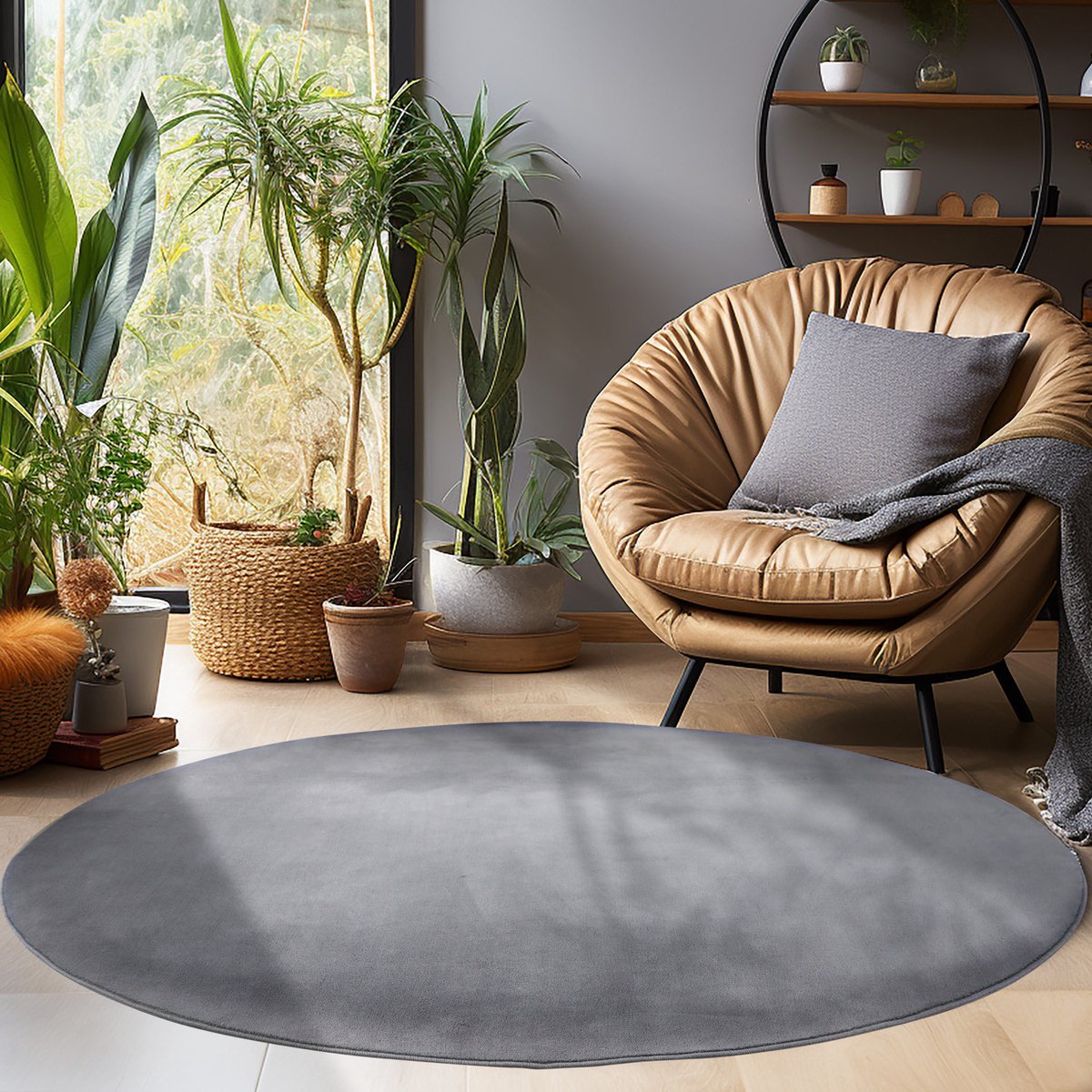Muratap Sky Soft Uni Basic - Rond Vloerkleed - Laagpolig - Effen Kleur - Grijs - Woonkamer Tapijt- 160 CM Ø